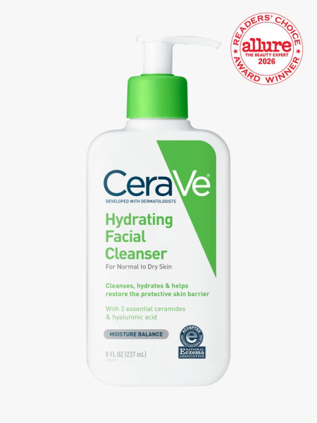 A pump bottle of CeraVe Hydrating Facial Cleanser on a white background