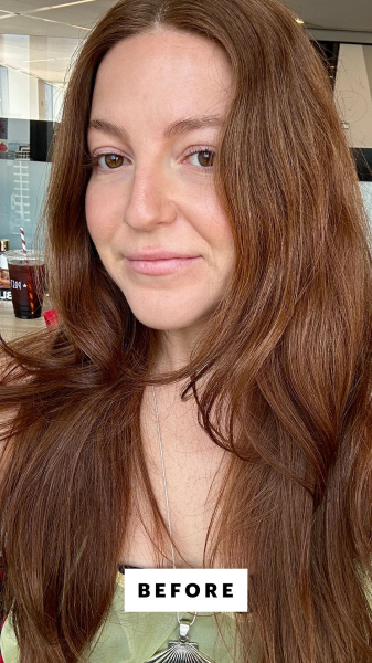 Allure senior staff writer Elizabeth Gulino applying the Krastase Gloss Absolu Glaze Drops AntiFrizz Hair Oil