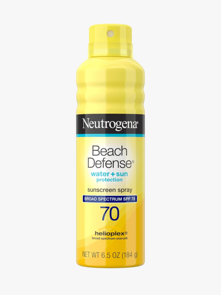 Neutrogena Beach Defense Sunscreen Spray SPF 70 in branded component on a light gray background