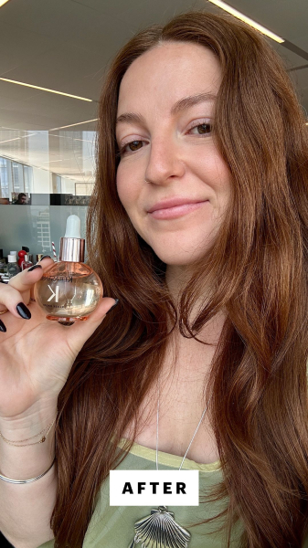 Allure senior staff writer Elizabeth Gulino applying the Krastase Gloss Absolu Glaze Drops AntiFrizz Hair Oil
