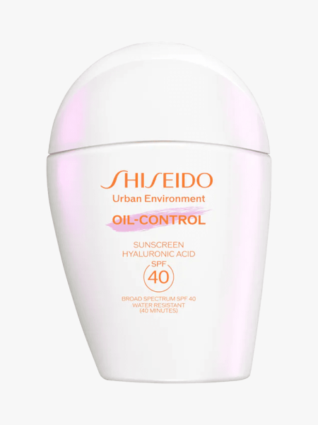 Shiseido Urban Environment Oil-Free Mineral Sunscreen in branded component on a light gray background