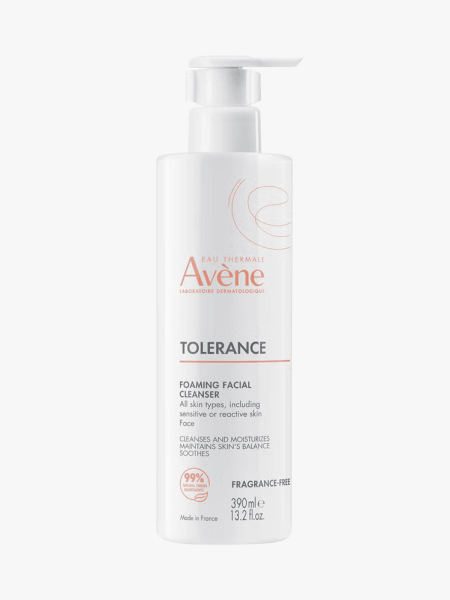 Avene Tolerance Foaming Facial Cleanser in branded component on a light gray background