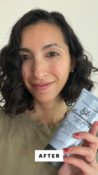 Allure contributing commerce editor Deanna Pai after applying the Bumble and Bumble Thickening Plumping Hair Mask